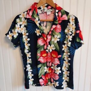 Vintage Two Palms Floral‎ Printed Rayon Hawaiian Shirt Women's XS